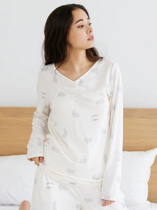 Soft Long Sleeve Sleep Shirt with Rabbit Design in Off White, Women's Loungewear Shirt Sleepwear Shirt, Lounge Set at Gelato Pique USA