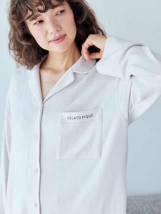 Woman wearing Gelato Pique Snow Long Sleeve Pajama Shirt, showcasing elegant design and soft fabric for nighttime comfort.