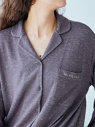 Woman wearing Gelato Pique snow long sleeve pajama shirt in soft gray, showcasing comfort and style for bedtime elegance.