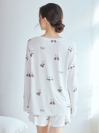 Gelato Pique USA panda pattern long sleeve T-shirt in brown and pink, premium loungewear and sleepwear, featuring a relaxed fit.