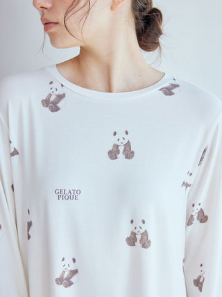 Gelato Pique USA panda pattern long sleeve T-shirt in white with brown and pink pandas, ideal for premium loungewear and sleepwear.