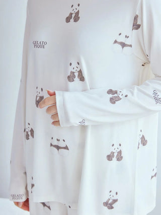 Gelato Pique USA white panda pattern long sleeve T-shirt in gentle brown and pink, premium loungewear and sleepwear.