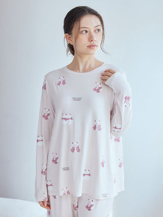 Gelato Pique USA panda pattern long sleeve T-shirt in soft brown and pink tones, featuring premium loungewear and sleepwear.