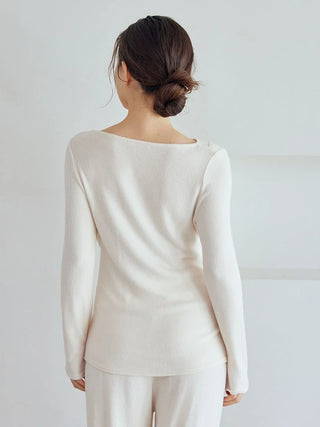 Back view of woman wearing Snow Long Sleeve Shirt Loungewear, showcasing elegant drape and relaxed silhouette.