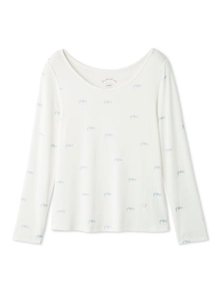 Elegant white long sleeve T-shirt with delicate bow motif patterns, perfect for lounging, from Gelato Pique USA.