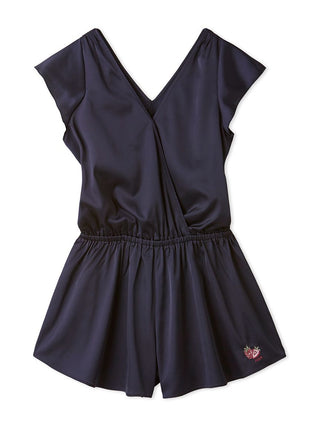 Satin Strawberry Embroidered Jumpsuit in NAVY, Women's Loungewear Jumpsuits at Gelato Pique USA.