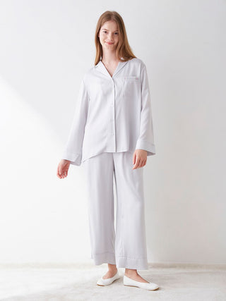  Logo Embroidered Satin Pajamas in blue, Women's Loungewear Pants Pajamas & Sleep Pants at Gelato Pique USA
