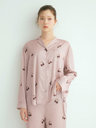 Urban Cherry Print Satin Shirt in Pink, Women's Loungewear Shirt Sleepwear Shirt, Lounge Set at Gelato Pique USA