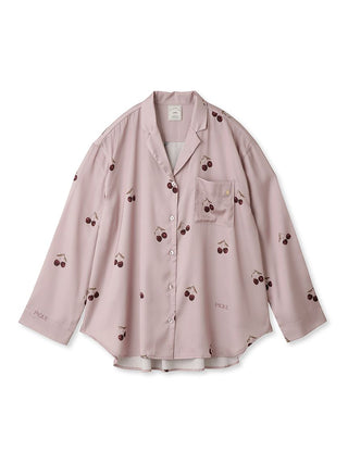 Urban Cherry Print Satin Shirt in Pink, Women's Loungewear Shirt Sleepwear Shirt, Lounge Set at Gelato Pique USA