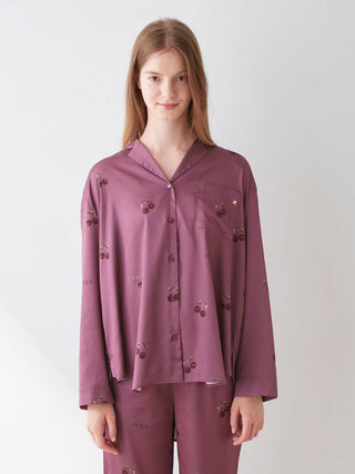 Urban Cherry Print Satin Shirt in Wine, Women's Loungewear Shirt Sleepwear Shirt, Lounge Set at Gelato Pique USA