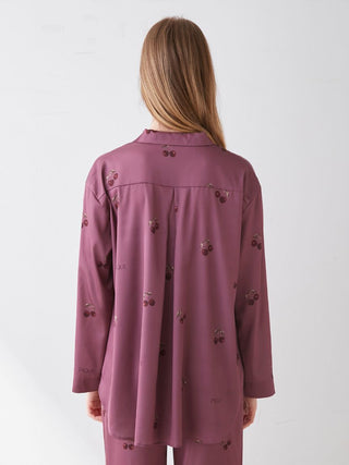 Urban Cherry Print Satin Shirt in Wine, Women's Loungewear Shirt Sleepwear Shirt, Lounge Set at Gelato Pique USA