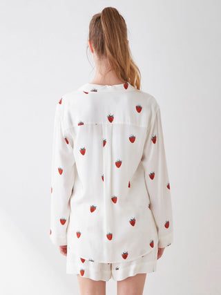  Strawberry Pattern Long Sleeve Sleepwear in off-white, Women's Loungewear long sleeve sleepwear at Gelato Pique USA