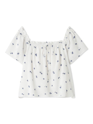 Floral Print Smocked Crop Top with Blue Daisies on White, Gelato Pique, Lightweight Fabric, Elastic Smocked Neckline