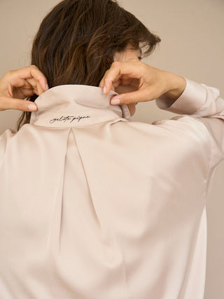 Soft Satin Long Sleeve Sleep Shirt in BEIGE, Women's Loungewear Shirt Sleepwear Shirt, Lounge Set at Gelato Pique USA.