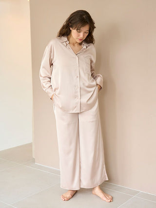 Soft Satin Long Sleeve Sleep Shirt in BEIGE, Women's Loungewear Shirt Sleepwear Shirt, Lounge Set at Gelato Pique USA.