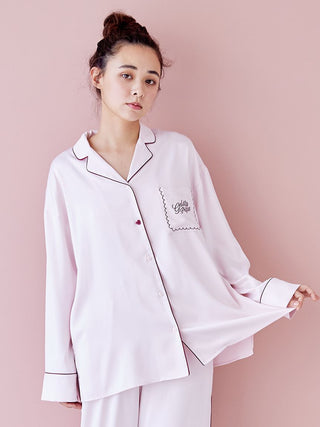 HOLIDAY Piping Satin Long Sleeve Pajama Shirt in Pink, Women's Loungewear Shirt, Lounge Set at Gelato Pique USA