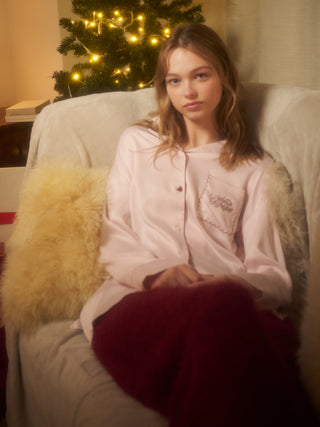 HOLIDAY Piping Satin Long Sleeve Pajama Shirt in Pink, Women's Loungewear Shirt, Lounge Set at Gelato Pique USA