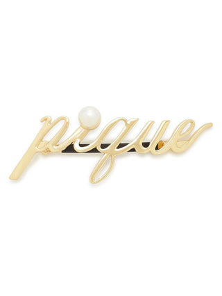 Metal Logo Barrette with "Pique" in script and pearl accent, chic hair accessory