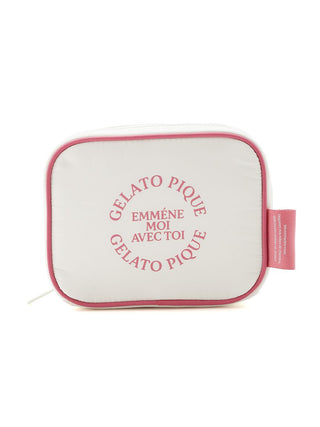 Travel Logo Square Tissue Pouch with "Gelato Pique" logo, off-white base, dusty pink trim, and "Emmène Moi Avec Toi" design.