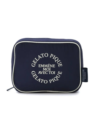 Navy blue square pouch with 'GELATO PIQUE' and 'EMMÈNE MOI AVEC TOI' text, ideal for travel essentials, showcasing style and durability.