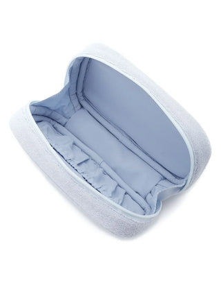 Open Pile Square Terry Cloth Cosmetic Pouch in soft grey, showcasing its spacious interior with organized compartments.