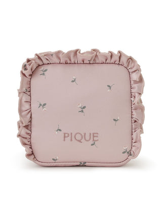 Patterned square small pouch in pastel pink with floral design and ruffled edges, perfect for storing beauty essentials.