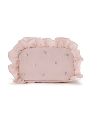 Blush pink square pouch with silver heart embroidery and ruffled edges, showcasing a romantic and whimsical design.