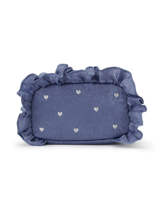 Blue heart embroidered frill square pouch with ruffled edges and silver heart details, elegant and feminine design accessory.