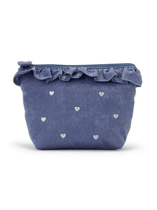 Blue tissue pouch with silver heart embroidery and frill detailing, perfect for feminine and stylish accessory needs.