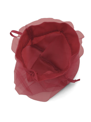 Top view of a strawberry red tulle drawstring pouch with satin base, showcasing its spacious interior and delicate design.