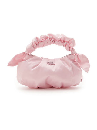 Pink satin handle pouch bag with scrunchie-style handle, perfect for festive occasions and everyday use. Elegant and compact design.