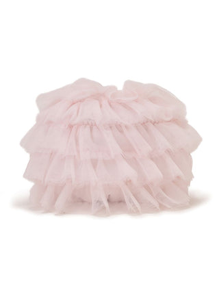 Pink layered tulle pouch with a soft, ethereal design, perfect for storing makeup or jewelry. Elegant and compact storage solution.