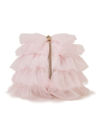 Elegant pink tulle pouch with layered fabric and zipper closure, ideal for storing makeup or jewelry with style.