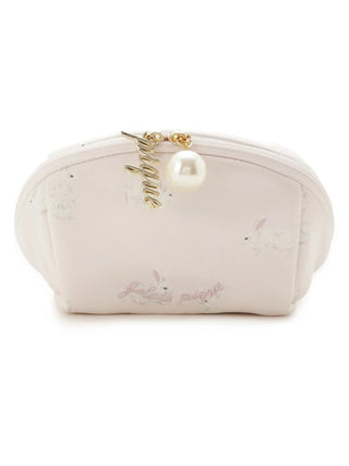 Cute Bunny Print Zipper Pouch with pearl charm and elegant bunny design, perfect for storing cosmetics and personal items.