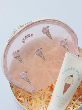 White sheer round pouch with ice cream embroidery by Gelato Pique USA, ideal for premium loungewear and sleepwear accessories.