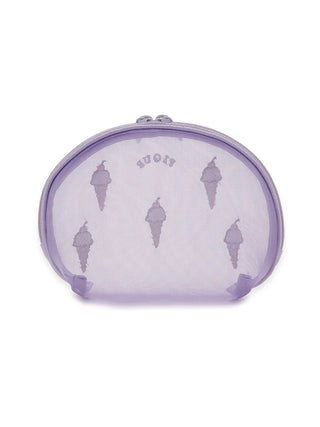 Purple sheer pouch with ice cream embroidery, ideal for cosmetics, from Gelato Pique USA. Premium loungewear and sleepwear accessory.