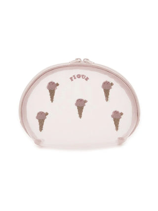 Gelato Pique USA white ice cream embroidery pouch with sheer fabric, round shape, perfect for cosmetics. Premium loungewear and sleepwear accessory.