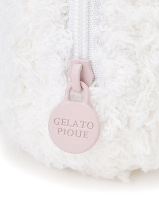 Close-up of Gelato Pique USA's fluffy white mini pouch zipper with pink pull tab, ideal for premium loungewear and sleepwear accessories.