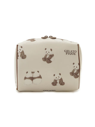 Gelato Pique USA satin pouch with brown panda print, featuring gentle pandas in various poses, premium loungewear and sleepwear accessory.