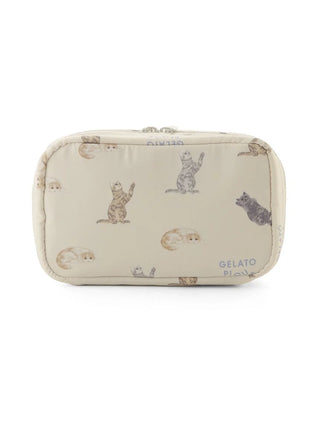 Gelato Pique USA beige CAT allover pattern pouch for premium loungewear and sleepwear, featuring playful cat design, ideal for travel.