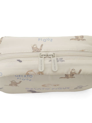 Gelato Pique USA beige CAT Allover Pattern Pouch, perfect for premium loungewear lovers, featuring playful cat print for functional storage.