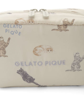 Beige CAT Allover Pattern Pouch by Gelato Pique USA, featuring playful cat print, ideal for organizing essentials. Premium loungewear and sleepwear storage.