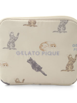 Gelato Pique USA CAT allover pattern tissue pouch in beige, featuring playful cat designs, ideal for storing essentials, Premium Loungewear and Sleepwear.