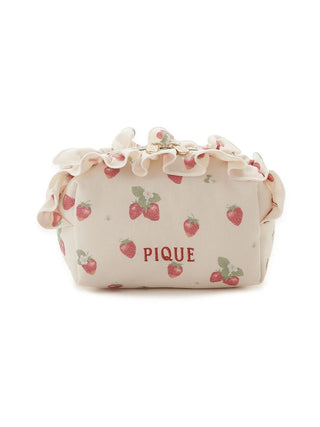 Strawberry Motif Frill Pouch by Gelato Pique USA, featuring ruffles and floral accents. Premium loungewear accessory for cosmetics.