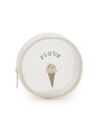 Round pouch with colorful ice cream embroidery on mesh, featuring an ice cream-shaped pull handle. Ideal for holding small items.