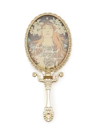 A beautiful hand mirror printed with Alphonse Mucha's iconic art nouveau poster of Sarah Bernhardt. This piece is perfect for adding a touch of vintage charm. Front whole shot. 