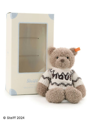 Steiff Teddy Bear Jimmy in cozy sweater, Gelato Pique box background, showcasing premium craftsmanship and fluffy texture.