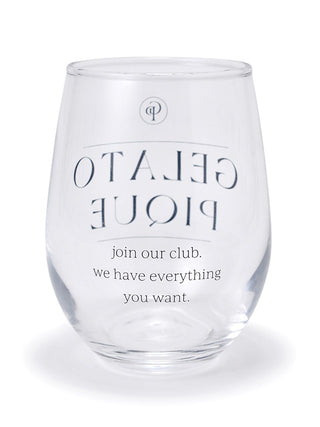 Clear glass with Gelato Pique USA logo and text, ideal for adding spring colors to your kitchen with premium loungewear and sleepwear themes.