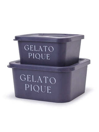 Gelato Pique USA navy square Tupperware set with cherry, Maltese, and logo patterns, ideal for cooking preparation and lunch boxes.