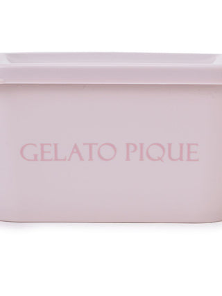 Light pink square Tupperware container with Gelato Pique logo, featuring cherry, Maltese, and logo patterns for premium loungewear and sleepwear.